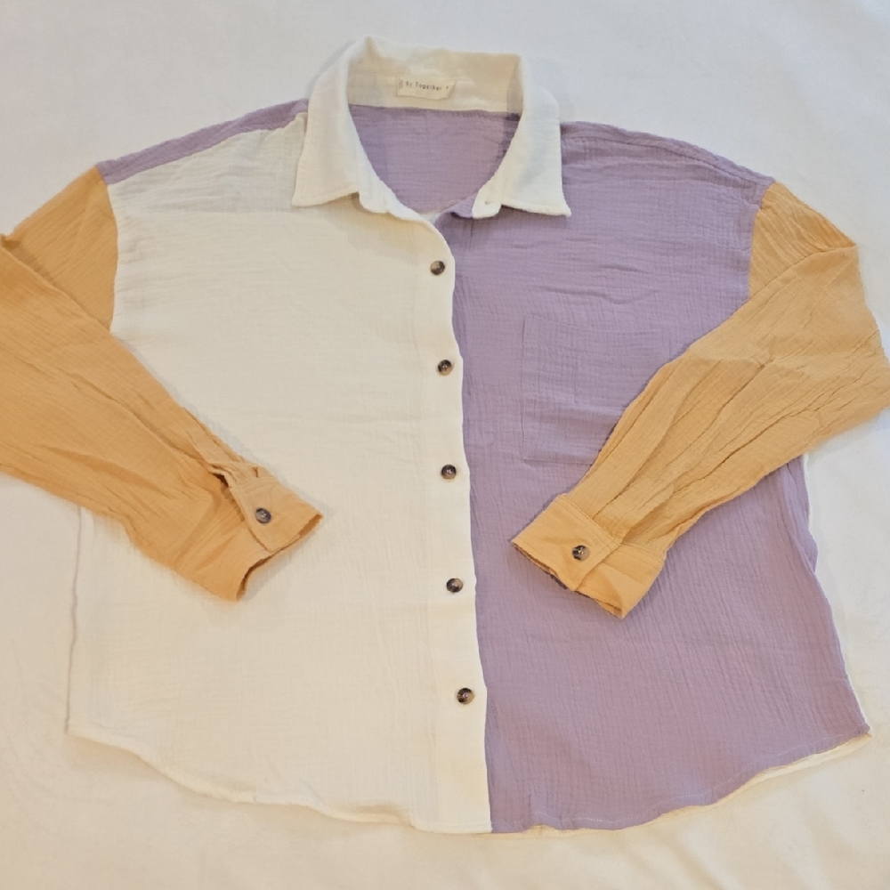 Together Colorblock Button Down Shirt - White, Purple, Tan